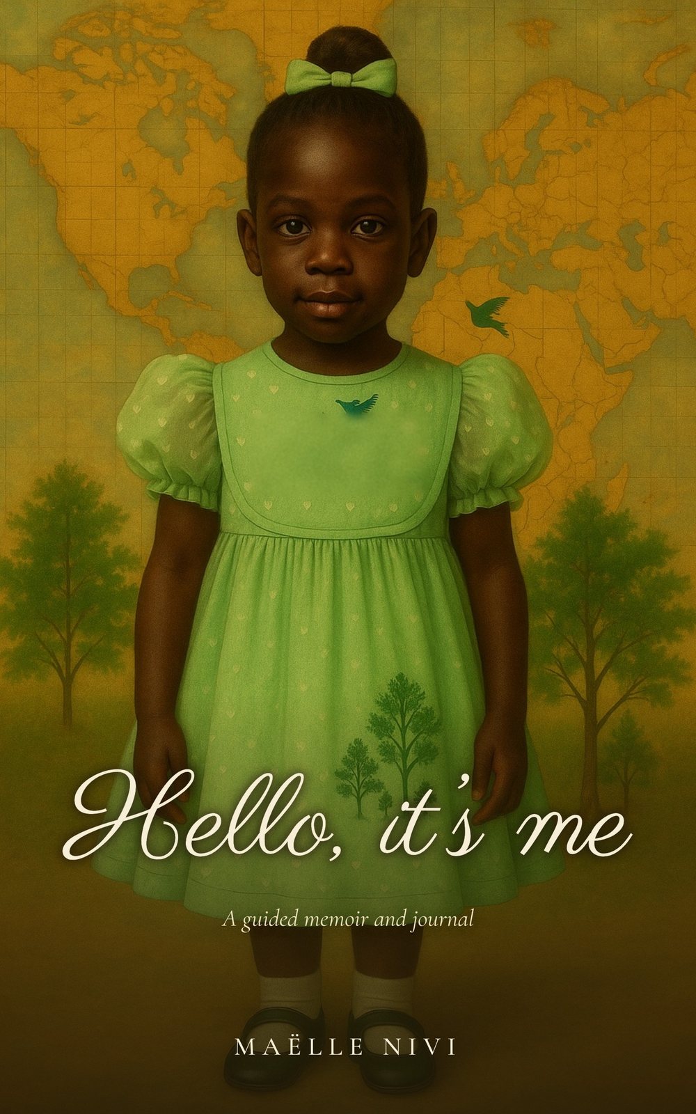 Cover of Hello, It’s Me: a painted little Black girl with dark skin in a green dress.